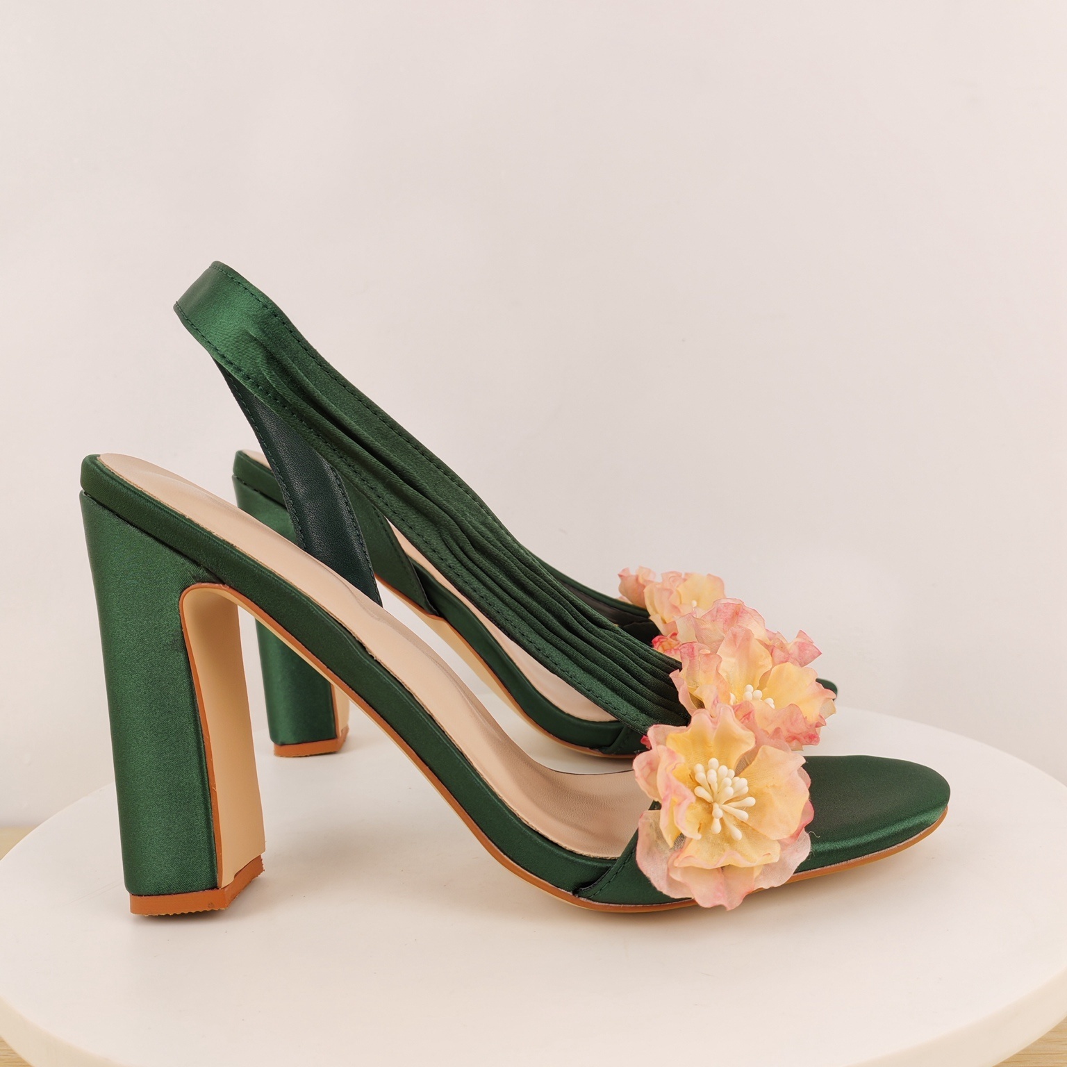 Block Heels Slingback Flowers  - Slip Dress Satin 评论和价格